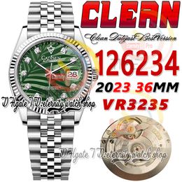 Clean CF 126234 VR3235 Reloj unisex automático Reloj para hombre y mujer 36 Marcadores de diamantes con motivo de palma verde Esfera 904L Pulsera Jubileesteel Super Edition eternitywatches