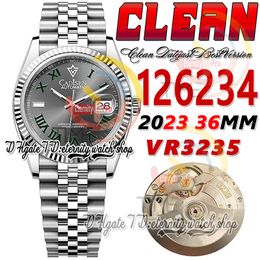 Clean CF 126234 VR3235 Montre automatique unisexe pour homme et femme 36 mm Cadran gris vert Marqueurs romains Bracelet en acier jubilé 904L Super Edition eternitywatches