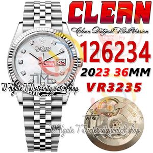 Clean CF 126234 VR3235 Montre automatique unisexe pour homme et femme, 36 mm, cannelé MOP, marqueurs de diamants, cadran 904L, bracelet en acier jubilé, super édition eternitywatches