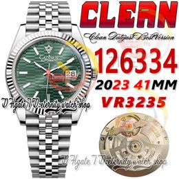 Clean CF Fecha 41 mm 126334 VR3235 Reloj automático para hombre Patrón de hoyo verde Dial Marcadores de palo 904L JubileeSteel Pulsera Super Edition Eternity Hombre Relojes de pulsera