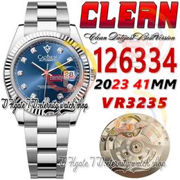 Clean CF datum 41 mm 126334 VR3235 automatisch herenhorloge blauwe wijzerplaat Moissanite Diamond Markers 904L OysterSteel armband Super Edition eternity Hombre polshorloges