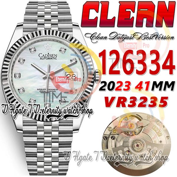 Clean CF Date 41 mm 126334 VR3235 Reloj automático para hombre Esfera de concha de nácar Moissanite Diamond Markers 904L JubileeSteel Brazalete Super Edition eternity