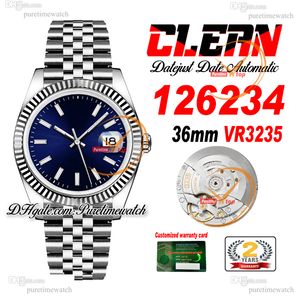 Clean Factory CF 126234 VR3235 Montre automatique unisexe pour homme et femme, lunette cannelée de 36 mm, cadran bleu, bracelet en acier jubilé 904L, super version Puretimewatch 0017