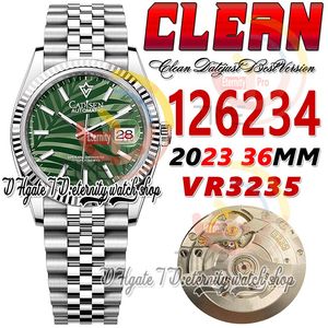 Clean Factory CF 126234 VR3235 Montre automatique unisexe pour homme et femme, 36 mm, motif palmier vert, cadran bâton, bracelet en acier jubilé 904L, super édition eternitywatches