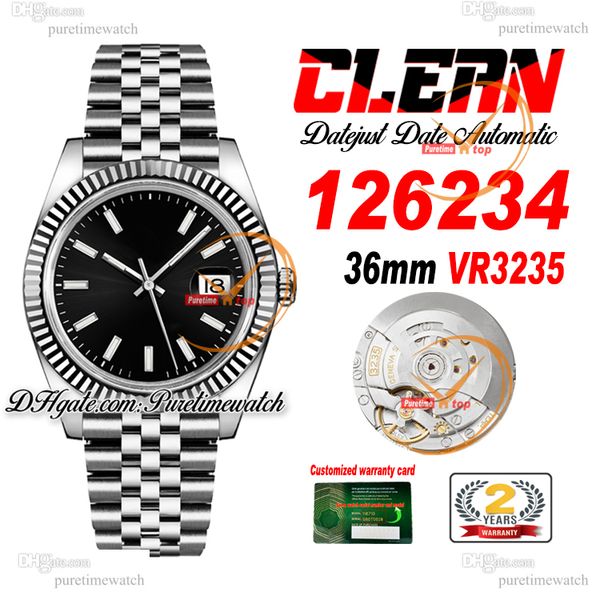 Clean Factory CF 126234 VR3235 Reloj unisex automático Relojes para mujer para hombre Bisel estriado de 36 mm Esfera negra Pulsera Jubileesteel 904L Versión súper Puretimewatch 0015