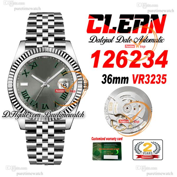 Clean Factory CF 126234 VR3235 Montre automatique unisexe pour homme et femme 36 mm Gris Vert Cadran romain 904L Bracelet en acier jubilé Super Version Puretimewatch 0045