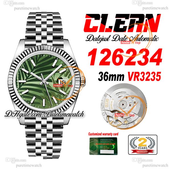 Clean Factory CF 126234 VR3235 Montre unisexe automatique Montres pour hommes et femmes 36 Cadran bâton à motif de paume verte Bracelet en acier jubilé 904L Super version Puretimewatch 47