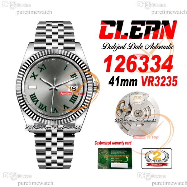 Clean Factory CF 126334 VR3235 Montre automatique pour homme Lunette cannelée Gris Vert Cadran romain 904L Bracelet en acier jubilé Super Version Puretimewatch Reloj Hombre 0022