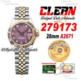 Clean Factory CF 279173 A2671 Automatisch dameshorloge 28 Tweekleurig geelgoud Paarse diamanten wijzerplaat 904L Jubileesteel-band Superversie Dames Puretimewatch 0017