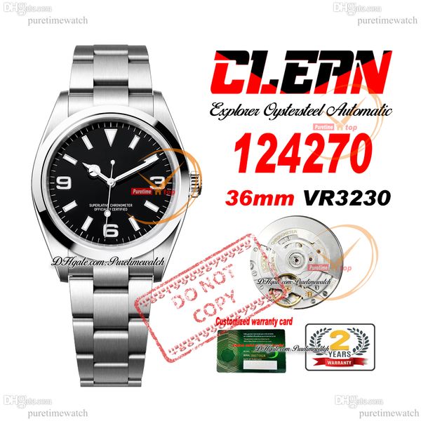Explorer 124270 36 mm VR3230 Montre unisexe automatique pour homme et femme Clean Factory CF Lunette polie Cadran noir Bracelet en acier 904L Super Edition Puretimewatch