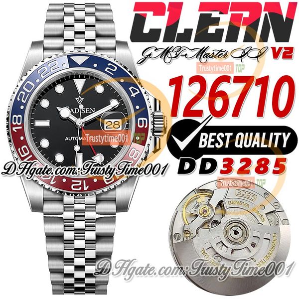 Clean V2 GMT II 126710 DD3285 Montre automatique pour homme CF Pepsi Rouge Bleu Lunette en céramique Cadran noir 904L SS JubileeSteel Bracelet Super Edition Trustytime001 Montre-bracelet