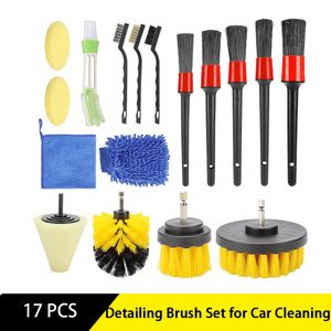 Brosses de nettoyage 17 pièces Kit de détails de voiture avec détail en poils de sanglier perceuse électrique brosse applicateur de cire tampon serviette de lavage