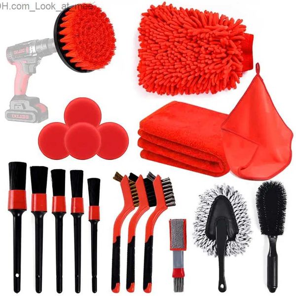 Brosses de nettoyage 19 pièces ensemble rouge brosse de voiture nettoyage puissance épurateur brosse de forage bouches d'aération nettoyage de jante outils de nettoyage de poussière de saleté détaillant les produits de voiture Q231220