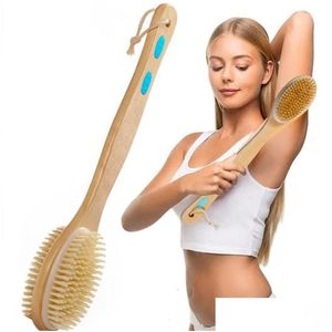 Reinigingsborstels Bad Lichaam Exfoliërende Scrubber Lang Houten Handvat Achterkant Mas Douche Spa Schuim Accessoires 230425 Drop Delivery €