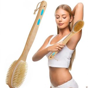 Reinigingsborstels Bad Body Exfoliating Scrubber Lange houten handvat rug massage douche spa schuim accessoires 230425