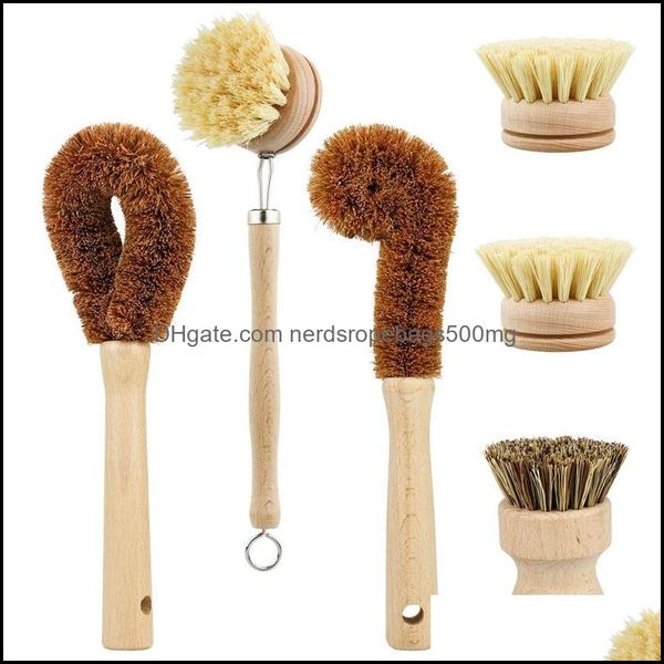 Brosses de nettoyage Outils ménagers Housekee Organisation Home Garden 6Pcs / Set Brosse à vaisselle en bois Ensemble naturel pour bouteille de légumes Cuisine