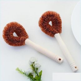 Brosses de nettoyage Naturel Noix de coco Marron Huile antiadhésive Manche long Pot Brosse Lave-vaisselle Nettoyage Type de suspension Outils de cuisine Drop Delivery Dhrse