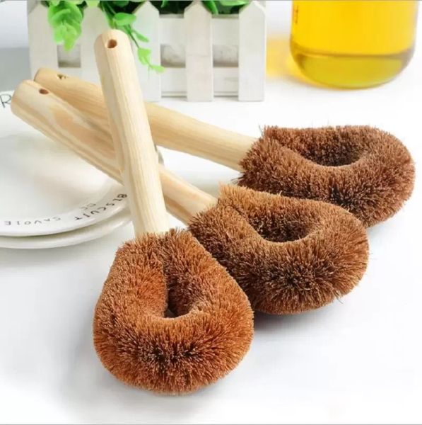 Brosses de nettoyage Huile antiadhésive brune à la noix de coco naturelle Pot à long manche Lave-vaisselle Peut accrocher le type Ménage Vente en gros