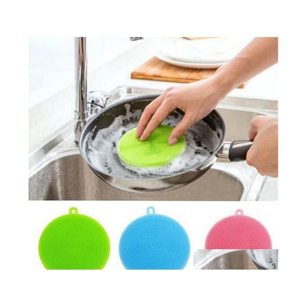 Escovas de limpeza de forma redonda Escova para lavar louça Lavagem de frutas Legumes Multiuso Grau alimentício Sile Lava-louças Sn870 Drop Delivery Ho Dhzsf