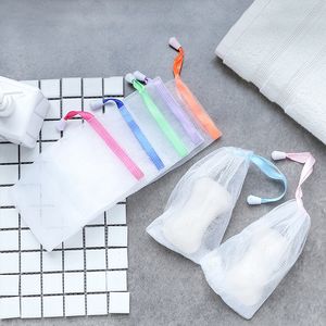 Mousse de nettoyage Sac en maille Sacs de savon portables suspendus Épurateurs de bain Mousses Maille Ruban coloré Sac moussant Salle de bain Fournitures propres