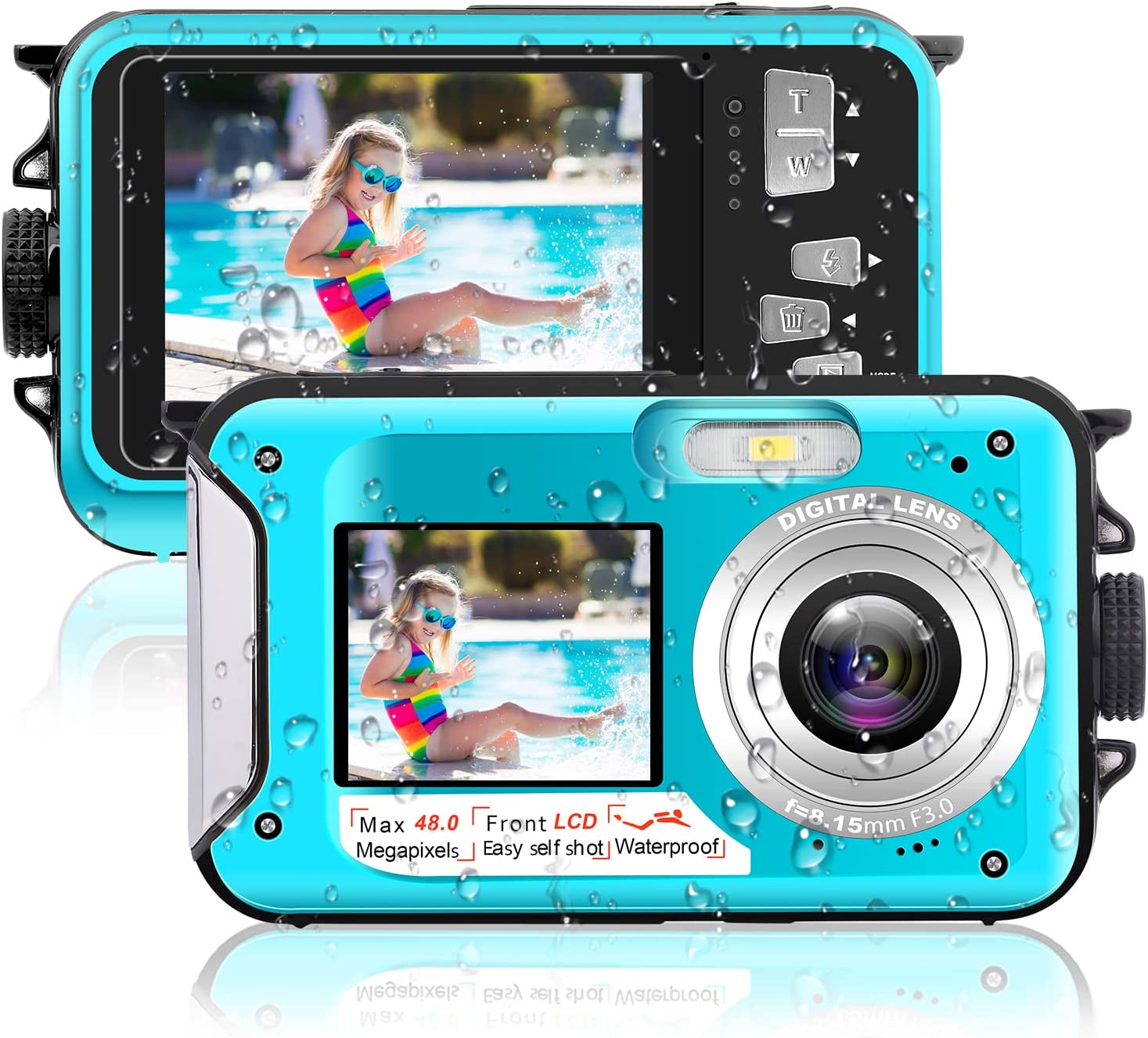 Underwater Camera 2.7K 48MP Waterproof Digital Cameras 10FT HD Video Selfie Dual Screen 16X Waterproof