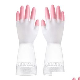 Guantes de limpieza Espesamiento Lavado Ropa Platos Guante Guantes para lavar platos Plástico Látex Twocolor Impermeable Hogar Cocina C Dhcla