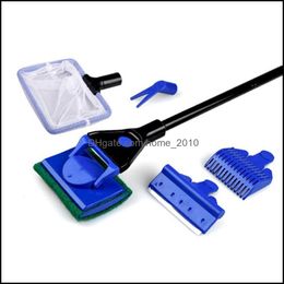 Outils de nettoyage d'aquarium, fournitures pour animaux de compagnie, ensemble complet de nettoyage, filet à poisson, râteau à gravier, grattoir à algues, fourchette, brosse éponge Gla