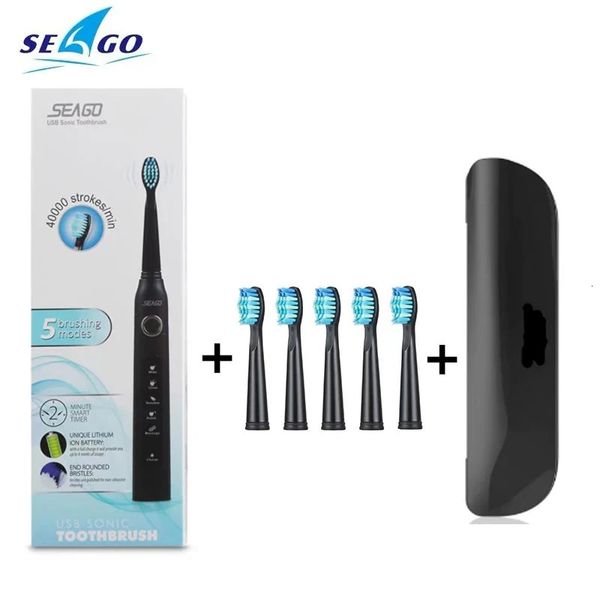 Prix du nettoyage SeaGo SG507 Brosse à dents électrique Sonic pour la minuterie adulte USB Brosse à dents rechargeable avec têtes de remplacement 231220