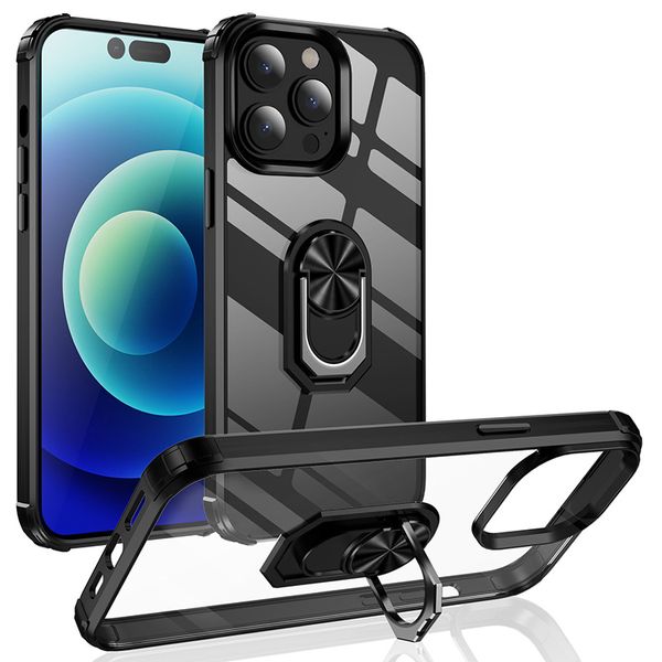 Cajas de teléfono transparentes con soporte magnético para automóvil para iPhone 14 11 12 13 Pro Max TPU suave de doble capa y PC dura a prueba de golpes con cubierta de soporte de anillo Fit XR XsMax SE 5G 6s 7 8Plus