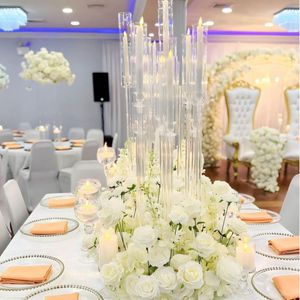 Helder acryl tafel bloemenstandaard bruiloft middelpunt cilinder helder acryl 9 hoofden kandelaar voor trouwzaal Hotel Restaurant bloemenvormige huwelijksboog