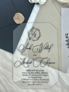 Invitations de mariage en acrylique claire Laser Coupte géométrique Plexiglas noir blanc or luxe moderne calligraphie couronne florale botani botani