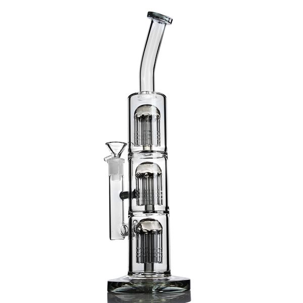 Hookahs Gris Triple Brazo Árbol Cuello doblado Bongs de vidrio Base gruesa Dab Rig 14 mm Joint Bowl Bong