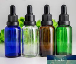 Clear Brown Blue Green Essential Oil Glass Dropper Flessen 1oz E-Liquid Glass Fial met zwarte tamper-deksels hete verkoop