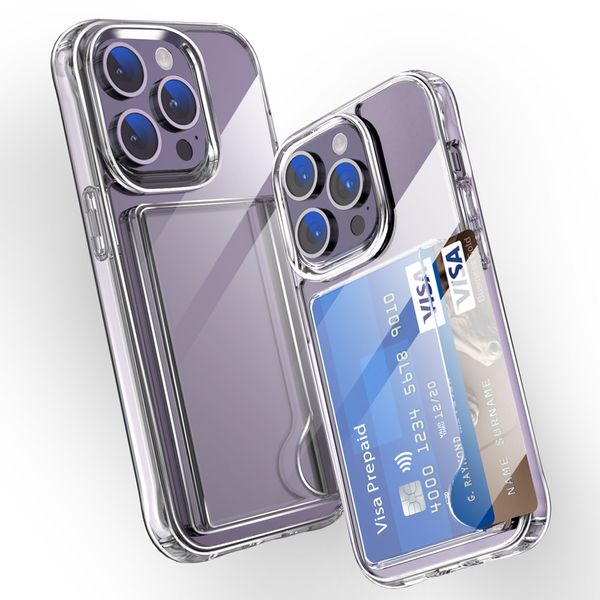 Porte-cartes transparent 2 en 1 TPU Acrylique Hybrid Slim Fit Wallet Case avec fente pour carte pour iPhone 15 Pro Max 6P 7P 8P X/S XR XS 11 12 114 S10 Note20 S20 S23 Ultra S24