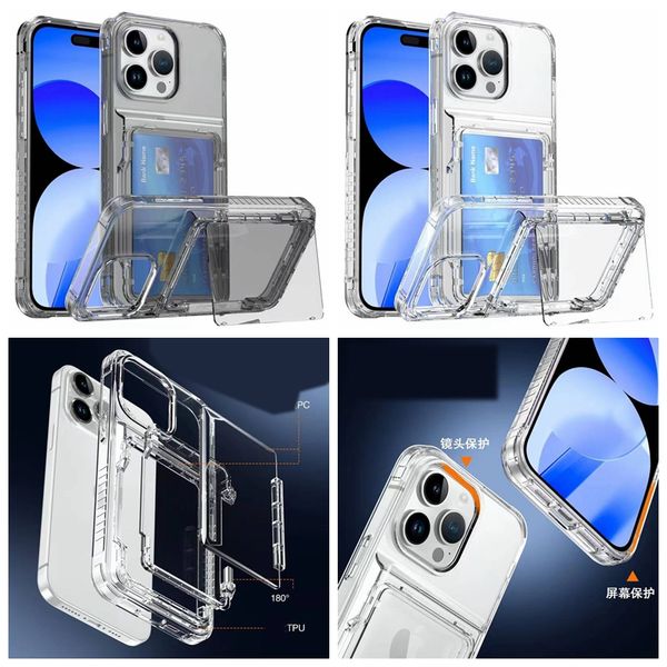 Estuches a prueba de golpes con ranura para tarjeta transparente para iPhone 15 Pro Max 14 Plus 13 12 11 X XS XR 8 7 6 Samsung S23 PC ultra duro Plástico TPU Tarjeta de identificación Bolsillo transparente Kickstand Cover