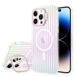 Capas de telefone magnéticas coloridas transparentes para iPhone 15 Plus 14 Pro Max Suporte de capa de proteção de câmera transparente Suporte Magsafe para carregamento sem fio listras arco-íris