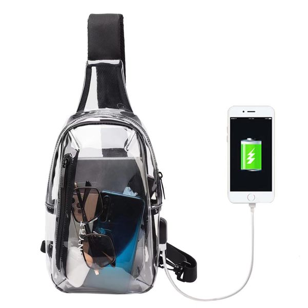 Bolso bandolera transparente para hombre, bolso de hombro pequeño de marca para hombre, bolso de pecho impermeable para mujer, bolsos de moda con carga USB, carteras de lujo para mujer