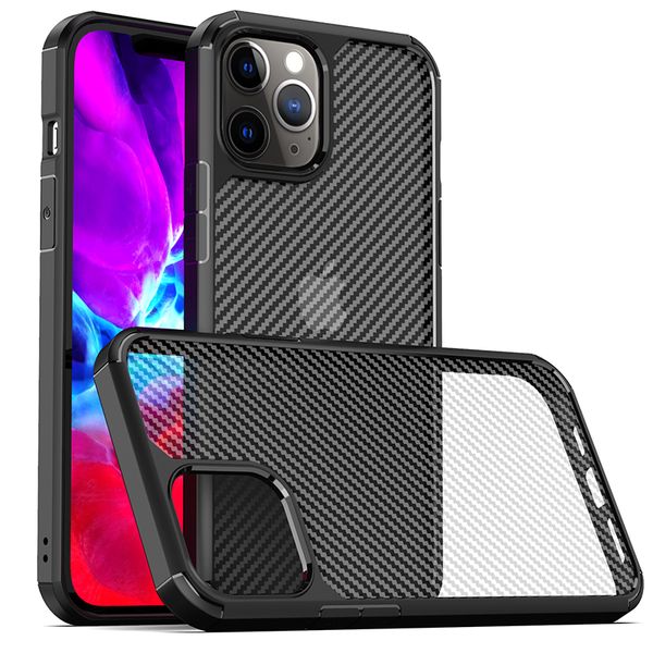 Coque transparente en fibre de carbone cristal clair pour iPhone 12 Pro Max Durable Hybrid Soft TPU Bumper + Hard PC Back Protective Heavy case pour 11 xsmax