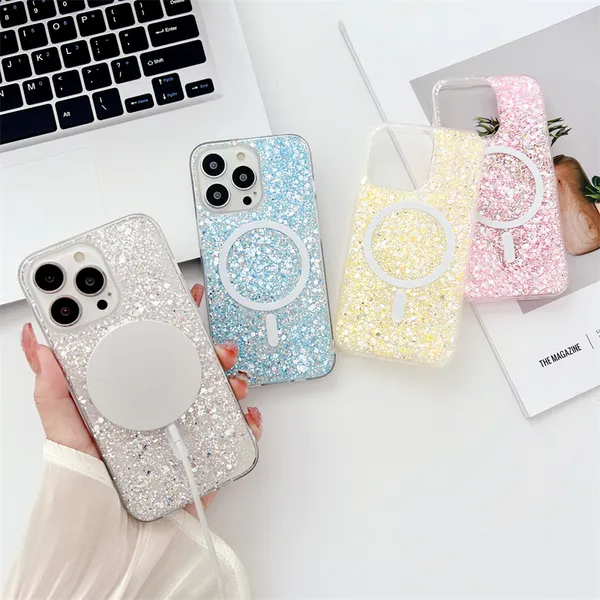 Coque de téléphone magnétique à paillettes en cristal clair pour iPhone 14 Plus 11 12 13 Pro Max Charge sans fil de luxe magnétique TPU couverture souple brillante