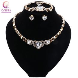 Conjuntos de colar de cristal transparente em formato de coração dourado para brincos de noiva anel elegante pulseira de noiva para mulheres