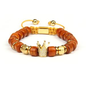 Effacer CZ Couronne Bracelets En Acier Inoxydable Réticulé Perles Bracelet Bijoux Design De Mode Bracelet En Bois Pour Cadeau