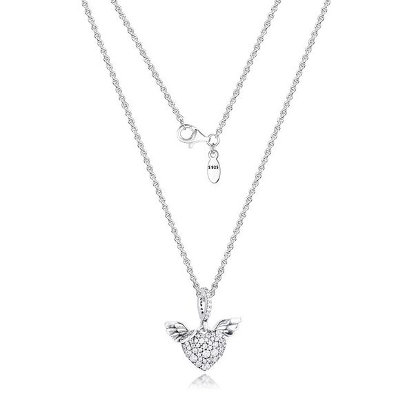 Clear CZ Heart Angel Wings Pendentif Colliers pour femmes 925 Collier en argent sterling Bijoux Femme Collier ras du cou Bijoux Fine Q0531