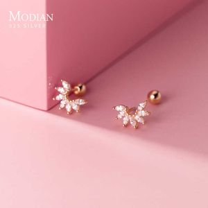 Clear CZ Sweet Lovely Plant Semicírculo Flores 925 Sterling Silver Stud Pendiente para mujeres Geométrico Ear Pin Fine Jewlery 210707