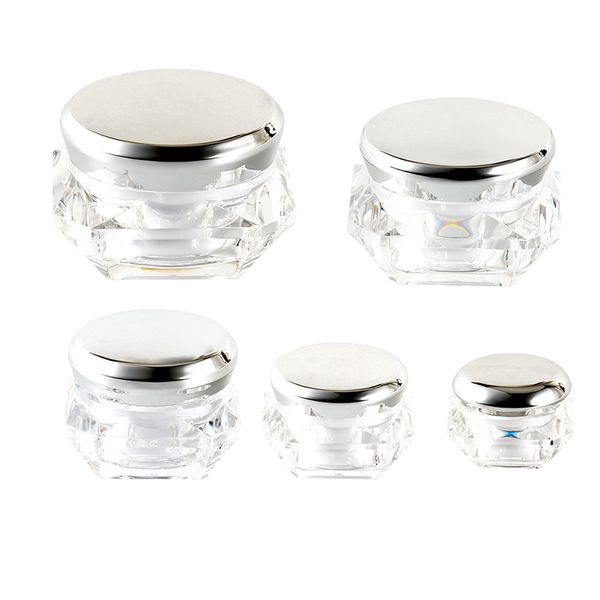 Jars en acrylique en diamant transparent crème rechargeable vide bouteille ronde à vis argenté couvercle emballage cosmétique Récipient de soins de la peau d'échantillon de soins œil 5G 10g 15G 20G 30G