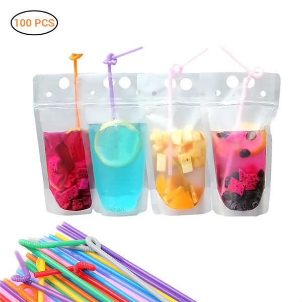 Pochettes à boissons transparentes Sacs dépoli Zipper Stand-up Plastic Drinking Bag avec paille avec support Refermable Heat-Proof With Straw Party Tablewar