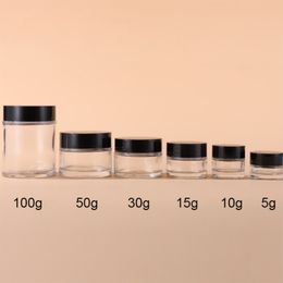 Clear Eye Cream Jar Bottle 5-100 g Lege Glass Lip Balmcontainer Brede mond Cosmetisch monsterpotten met zwarte dop
