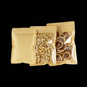 Sacs d'emballage en papier kraft plat avant transparent Pochette en plastique hermétique pour biscuits alimentaires Sucre Snack Herbe sèche Grain de café Thé Fruits secs Noix Noyaux Graines Stockage de riz