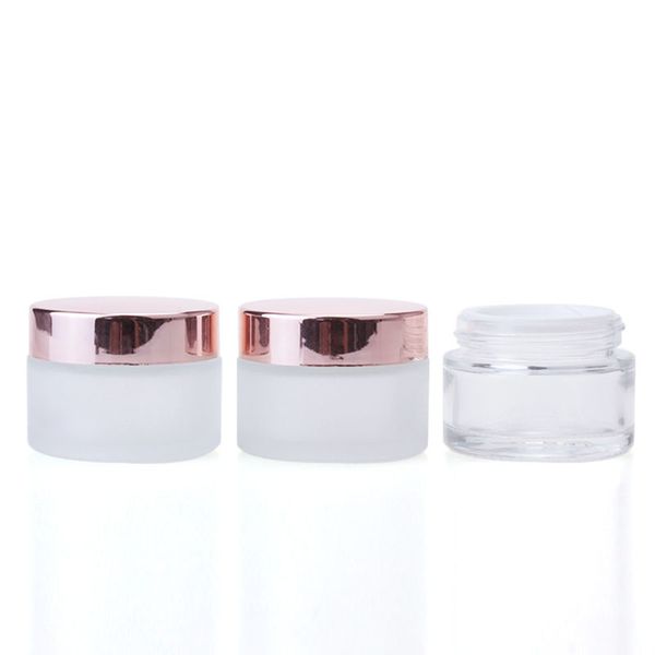 Pot de crème pour les yeux givré transparent, bouteille vide en verre pour baume à lèvres, pots d'échantillons cosmétiques à large bouche avec capuchon en or Rose, 5g – 100g