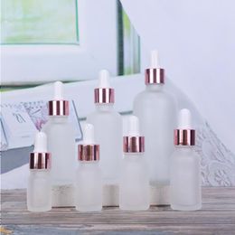 Helder Matglas Essentiële Olie Parfumflesje Vloeibaar Reagens Pipet Druppelflesje met Rose Gouden Dop 5-100ml arpan