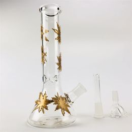 Clear Glass Bong Hookahs 10 pulgadas Gold Leaves Oil Burner Dab Rigs Bubbler 18mm Feamle Joint para fumar Accesorios